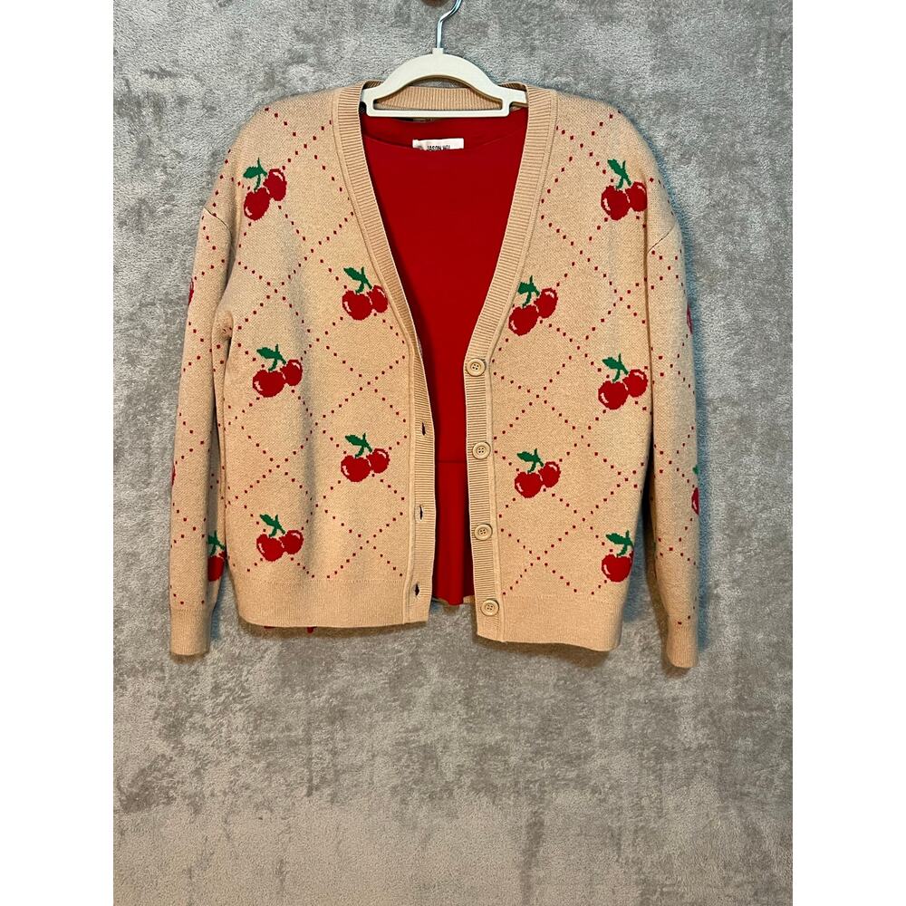 99 Jane Street Cardigan Sweater Small Tan Cherry Grandma Core Twee NWOT